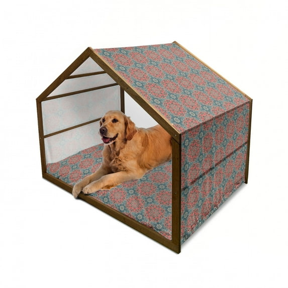 Mandala Pet House, Culture Inspired Middle Eastern Motifs Checkered Pattern, Outdoor & Indoor Portable Dog Kennel with Pillow and Cover, 5 Sizes, Dark Coral Slate Blue, by Ambesonne