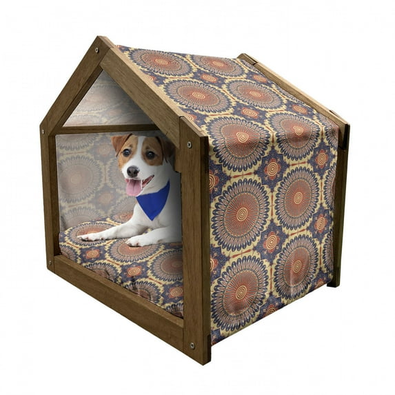 Mandala Pet House, Round with Design Details Eastern Moorish Culture, Outdoor & Indoor Portable Dog Kennel with Pillow and Cover, 5 Sizes, Multicolor, by Ambesonne