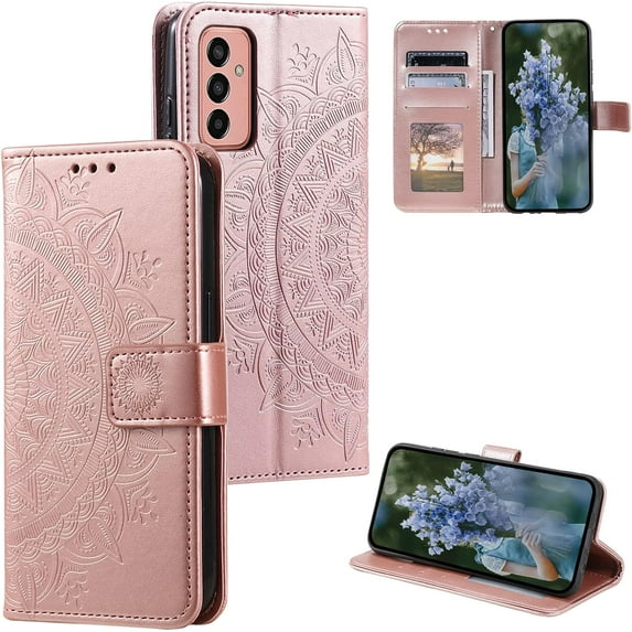 Mandala Phone Cover for Samsung Galaxy A14 4G/5G, Ultra Slim Flip Case with Card Slot Magnetic Closure Embossing PU Leather Case with Stand Function and Lanyard Foldable Motif - Rose Gold