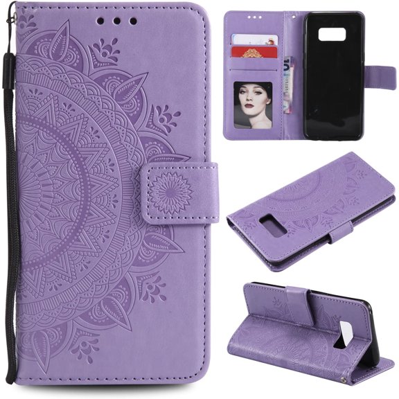 Mandala Phone Cover for Samsung Galaxy S8 Plus, Ultra Slim Flip Case with Card Slot, Magnetic Closure, Embossing PU Leather Case with Stand Function and Lanyard, Foldable Motif-Purple