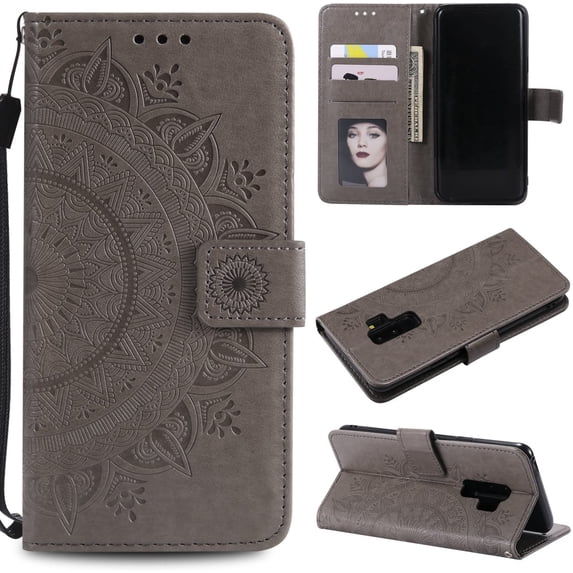 Mandala Phone Cover for Samsung Galaxy S9 Plus, Ultra Slim Flip Case with Card Slot, Magnetic Closure, Embossing PU Leather Case with Stand Function and Lanyard, Foldable Motif-Gray