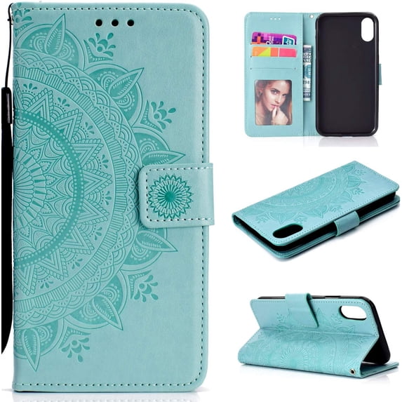 Mandala Phone Cover for Xiaomi Redmi 9A/9AT/9i, Premium PU Leather Flip Case 3 Card Slot 1 Cash Slot Magnetic Closure with Stand Function and Lanyard Foldable Embossing Pattern Case - Green