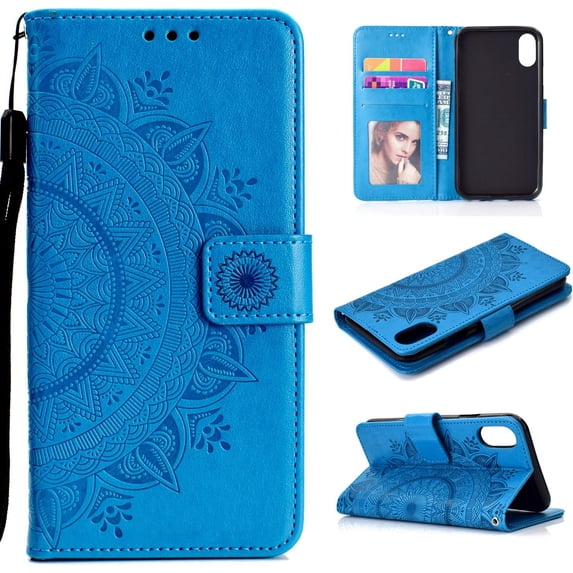 Mandala Phone Cover for Xiaomi Redmi 9A/9AT/9i, Premium PU Leather Flip Case 3 Card Slot 1 Cash Slot Magnetic Closure with Stand Function and Lanyard Foldable Embossing Pattern Case - Blue