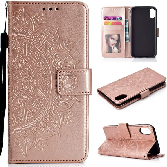 Mandala Phone Cover for Xiaomi Redmi 9A/9AT/9i, Premium PU Leather Flip Case 3 Card Slot 1 Cash Slot Magnetic Closure with Stand Function Lanyard Foldable Embossing Pattern Case - Rose Gold
