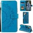 thumbnail image 1 of Mandala Phone Cover for iPhone 13 6.1, Ultra Slim Flip Case with Card Slot, Magnetic Closure, Embossing PU Leather Case with Stand Function and Lanyard, Foldable Motif-Blue, 1 of 9