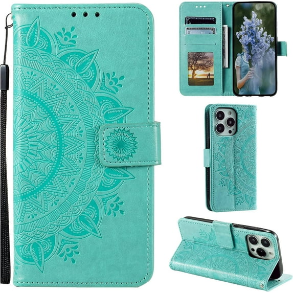Mandala Phone Cover for iPhone 14 Pro Max, Ultra Slim Flip Case with Card Slot, Magnetic Closure, Embossing PU Leather Case with Stand Function and Lanyard, Foldable Motif - Green