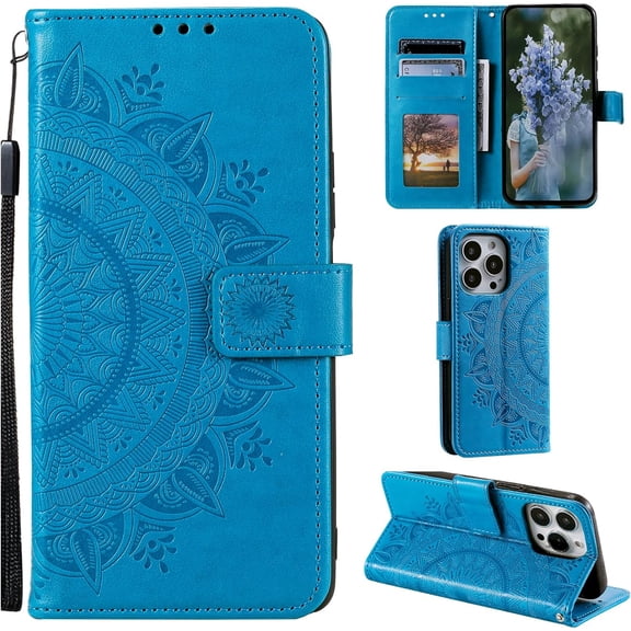 Mandala Phone Cover for iPhone 14 Pro, Ultra Slim Flip Case with Card Slot, Magnetic Closure, Embossing PU Leather Case with Stand Function and Lanyard, Foldable Motif - Blue