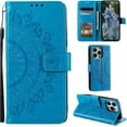 thumbnail image 1 of Mandala Phone Cover for iPhone 14 Pro, Ultra Slim Flip Case with Card Slot, Magnetic Closure, Embossing PU Leather Case with Stand Function and Lanyard, Foldable Motif - Blue, 1 of 14