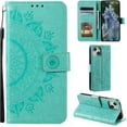 thumbnail image 1 of Mandala Phone Cover for iPhone 14, Ultra Slim Flip Case with Card Slot, Magnetic Closure, Embossing PU Leather Case with Stand Function and Lanyard, Foldable Motif - Green, 1 of 17