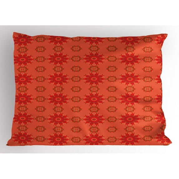 Mandala Pillow Sham, Flower Illustration Meditating Asian Arabesque Far Eastern, Decorative Standard Size Printed Pillowcase, 26" X 20", Dark Peach Vermillion and Fawn, by Ambesonne
