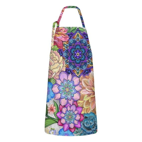 Mandala Pioneer Flower Collage Apron-Garden Aprons for Women with Pockets-Cotton Linen Waterproof Kitchen Cooking Gardening Aprons Adjustable for Kitchen,Cooking,BBQ and Salon 33x27 Inch