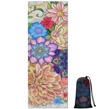 Mandala Pioneer Flower Collage Hot Yoga Mat Towel Non Slip for Hot Yoga - Quick-Drying Yoga Mat Cover with 4 Corner Pockets with Travel Bag - Hot Yoga Towel Non Slip 70"x26"
