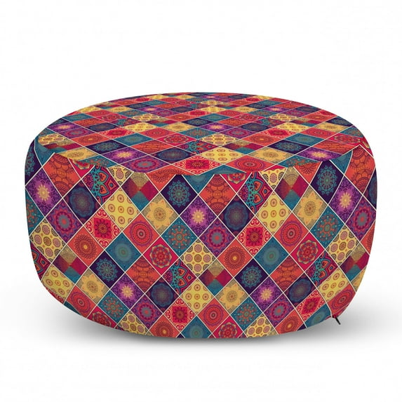 Mandala Pouf Cover with Zipper, Geometric Checkered Pattern with Various Classical National, Soft Decorative Fabric Unstuffed Case, 30" W X 17.3" L, Multicolor, by Ambesonne
