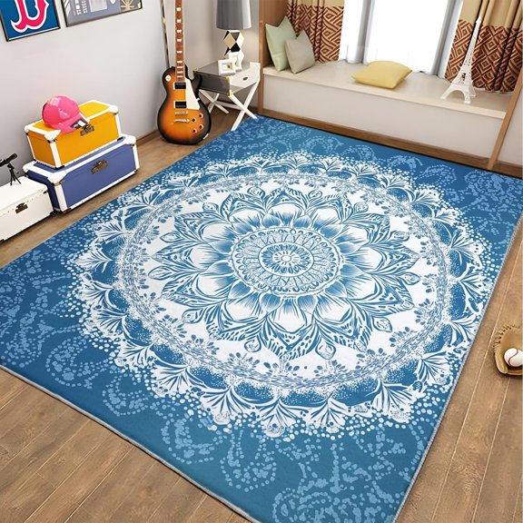 Mandala Print Area Rugs, Blue Boho Carpet, Washable Non Slip Low Pile Soft Rug for Living Room Bedroom Bedside Office Dining Room Decor Mat 5x8ft