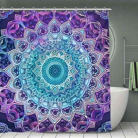 Mandala Psychedelic Neon Sacred Geometry Print Shower Curtain,Modern Fabric Waterproof Shower Curtain Set with Hooks,70.8×70.8Inch