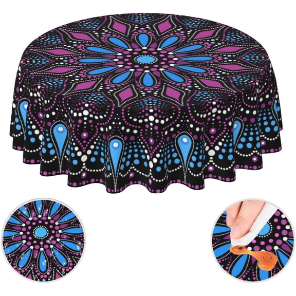 Mandala Purple and Blue Waterproof Picnic Patio Party Round Table Cloth Cover Decorations Fabric 60 Inch Circular Tablecloth for 20-47 Inch Home Dining Room Kitchen Decor