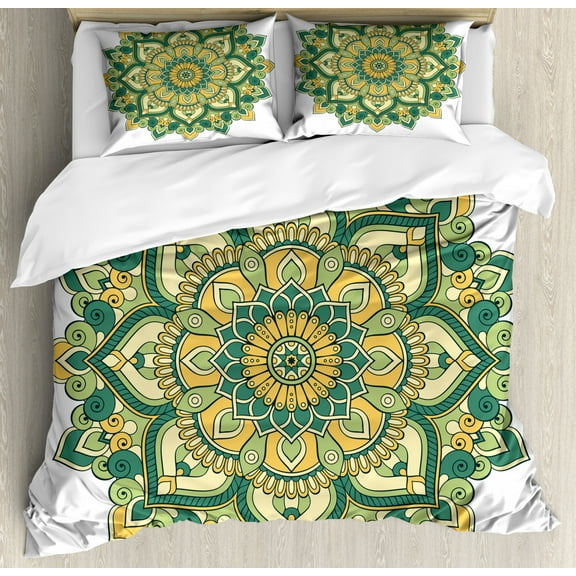 Mandala Queen Size Duvet Cover Set, Asian Style Ethnic Dahlia Petals Eastern Illustration Print, Decorative 3 Piece Bedding Set with 2 Pillow Shams, Jade Hunter Fern Green Apricot, by Ambesonne