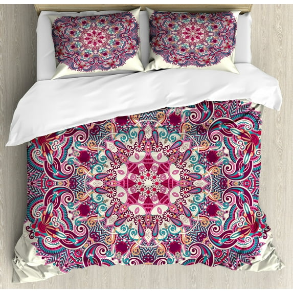 Mandala Queen Size Duvet Cover Set, Detailed Mandala Pattern with Flower and Leaves Bohemian Theme Tribal Ethnic Art, Decorative 3 Piece Bedding Set with 2 Pillow Shams, Multicolor, by Ambesonne