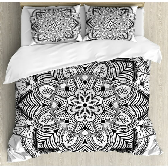 Mandala Queen Size Duvet Cover Set, Ringed Ethnic Floral Pattern with Ornate Tile Lines Boho Circle Art Motif, Decorative 3 Piece Bedding Set with 2 Pillow Shams, Charcoal Grey White, by Ambesonne