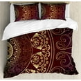 thumbnail image 1 of Mandala Queen Size Duvet Cover Set, Vintage Ethnic Asian Spiritual Cosmos Pattern with Swirled Floral Leaves Artwork, Decorative 3 Piece Bedding Set with 2 Pillow Shams, Burgundy Gold, by Ambesonne, 1 of 3