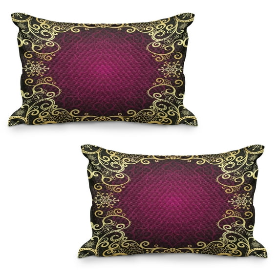 Mandala Quilted Pillowcover Set of 2, Vintage Frame with Curls Snowflake Motifs Abstract Retro, Standard Queen Size Pillow Cover for Bedroom, 30" x 20", Pale Yellow Fuchsia, by Ambesonne
