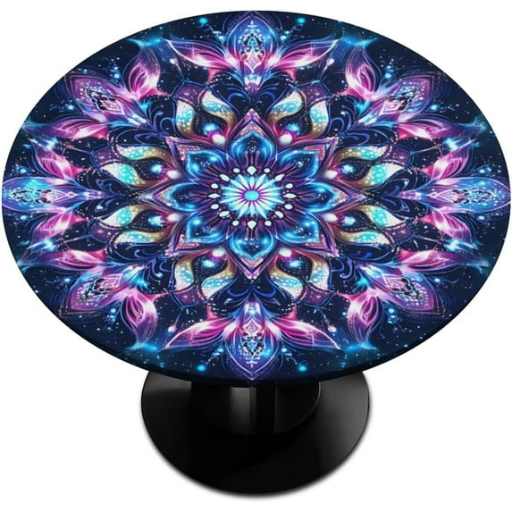 Mandala Rainbow Ethnic Round Tablecloths with Elastic Edge Fitted Round Table Cloth Small Wipeable Washable Circle Table Covers for Dinner Patio Party Indoor Outdoor Kitchen Decor (Fit 36-44 In)