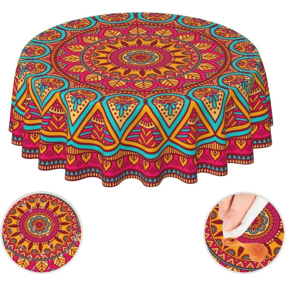Mandala Red and Green Waterproof Picnic Patio Party Round Table Cloth Cover Decorations Fabric 60 Inch Circular Tablecloth for 20-47 Inch Home Dining Room Kitchen Decor