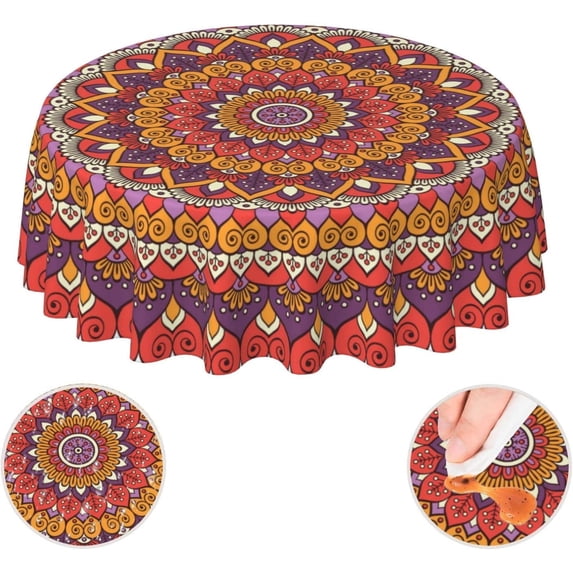 Mandala Red Vintage Waterproof Picnic Patio Party Round Table Cloth Cover Decorations Fabric 60 Inch Circular Tablecloth for 20-47 Inch Home Dining Room Kitchen Decor