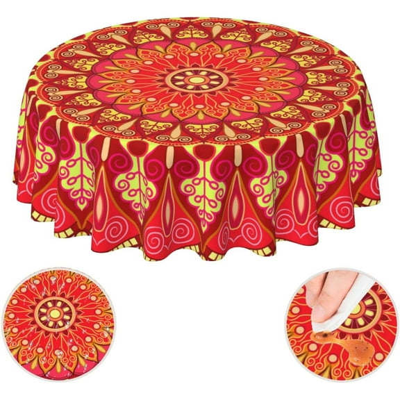 Mandala Red Waterproof Picnic Patio Party Round Table Cloth Cover Decorations Fabric 60 Inch Circular Tablecloth for 20-47 Inch Home Dining Room Kitchen Decor