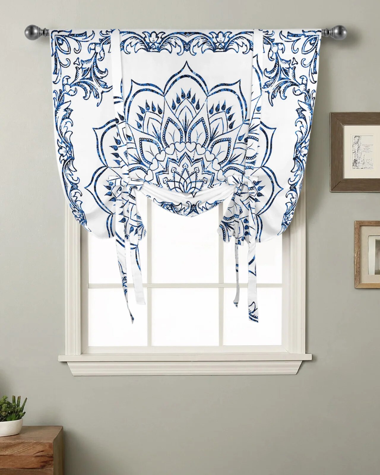 Mandala Retro Blue Bohemian Kitchen Short Window Curtain Rod Pocket ...
