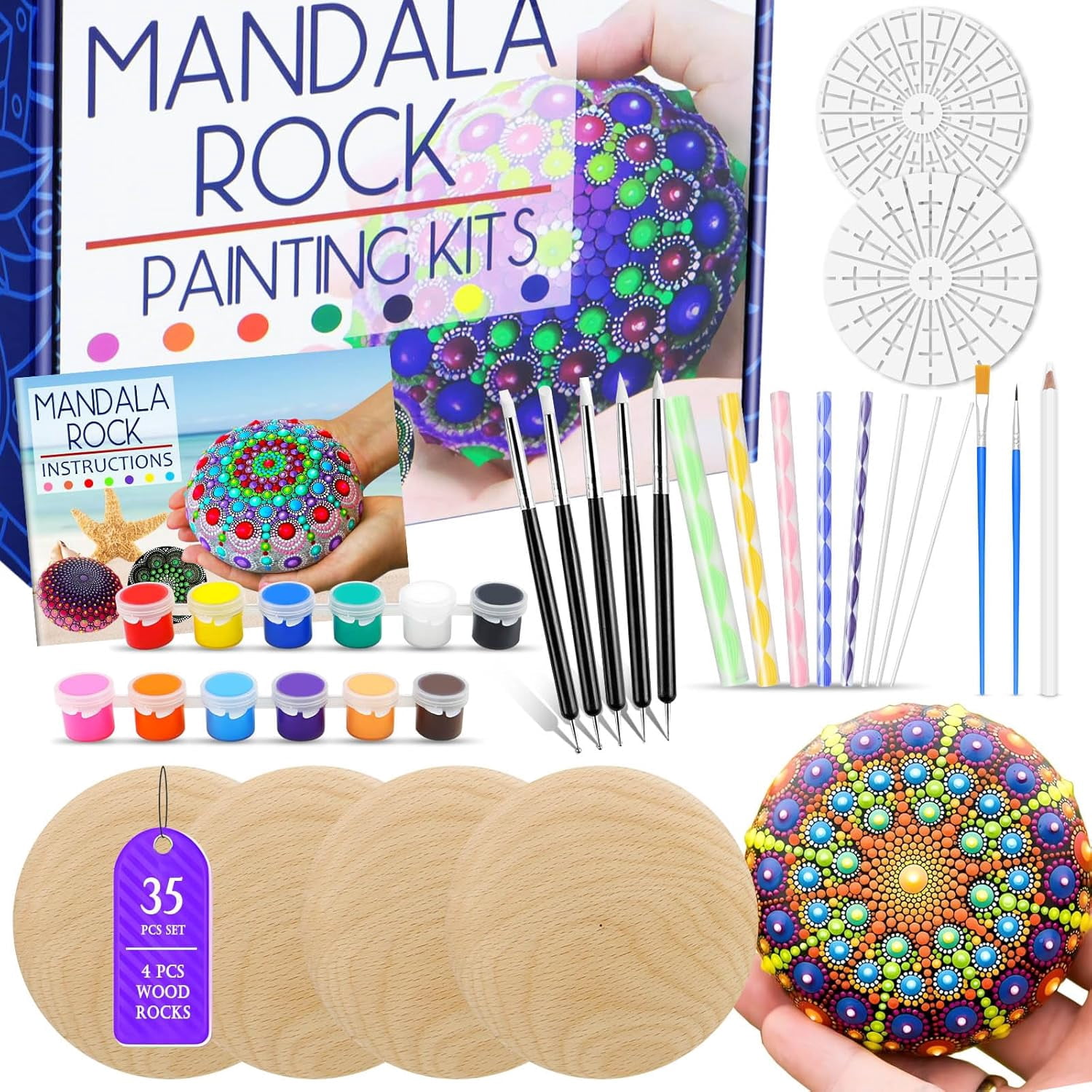 Mandala Rock Painting Arts and Craft Kit for Adults Women - 35 PCS Mandala Dot Art Kit - Large Wooden Rocks with Stencils, Acrylic Paints, Dot Painting Tools - DIY Relaxing and Creative Activity