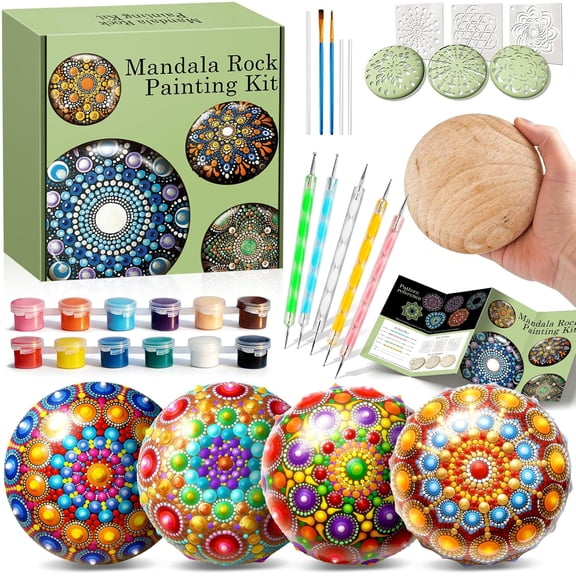 Mandala Rock Painting Kit - Mandala Dotting Tools Kit - 5 Large Wooden Rocks for Painting with 6 Stencil Supplies, Dotting Tools for Painting - Dot Art and Crafts for Adults Women - Mothers Day Gift