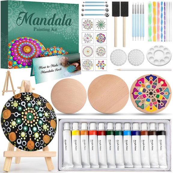 Mandala Rock Painting Kit - Mandala Dotting Tools for Painting - Including Large Wooden Rocks, Paints, Stencils, Painting Tools, Manual, Arts Crafts Kit for Adults