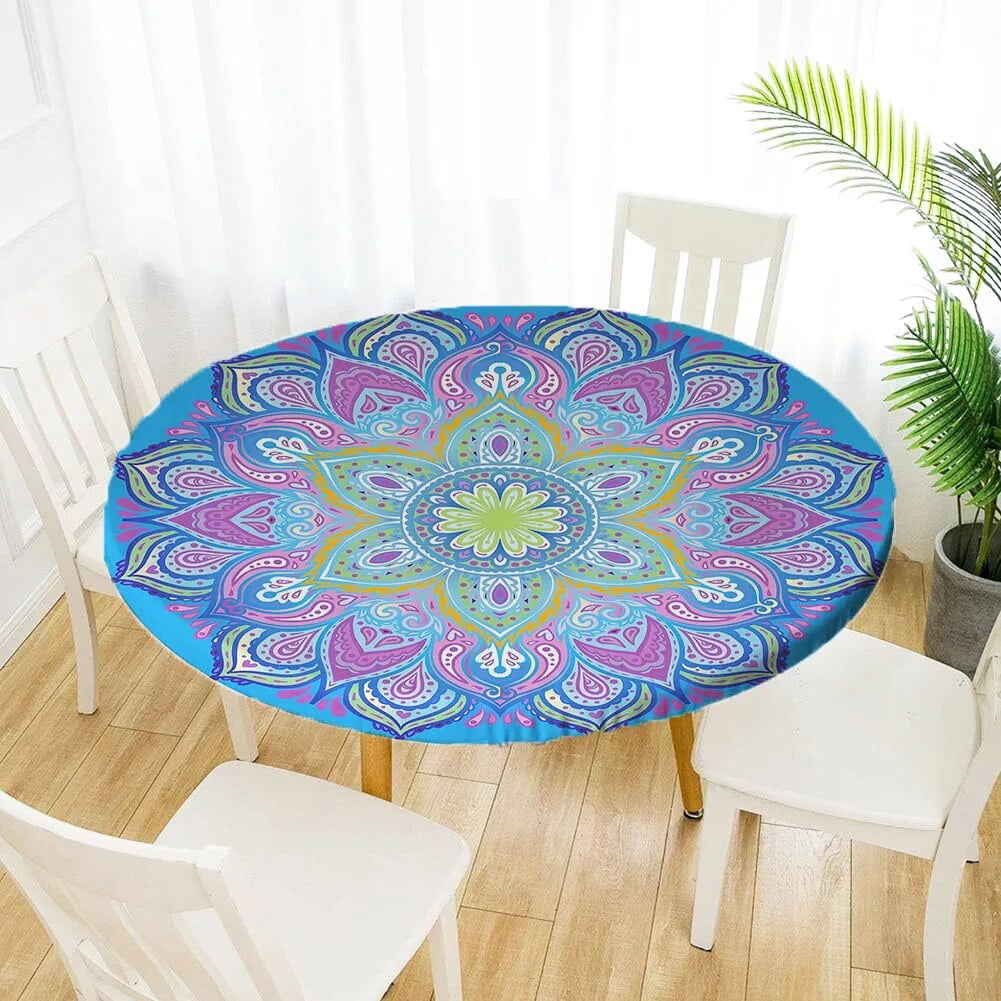 Mandala Round Fitted Tablecloth with Elastic Round Outdoor Tablecloth