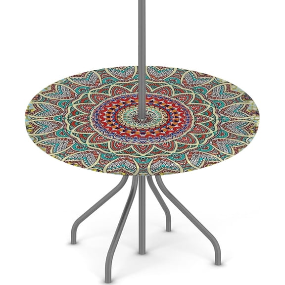 Mandala Round Outdoor Tablecloth with Umbrella Hole, Mandala Round Fitted Table Cloth with Elastic Zippered Table Covers 36-44in Waterproof Umbrella Tablecloths Circle Elastic Table Cover