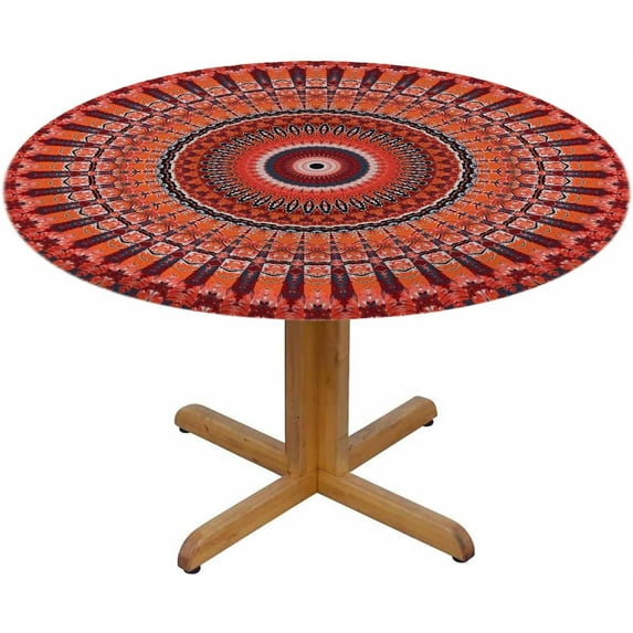 Mandala Round Table Cloth Luxury Ethnic Colorful Tribal Round Boho Floral Elastic Edged Table Cover Fade and Stain Resistant Table Cloths Easy to Clean Fits Tables 40-44" Diameter