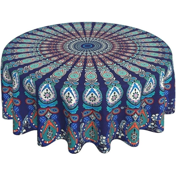 Mandala Round Tablecloth 60 Inch Indian Navy and Teal Tablecloth Waterproof Polyester Boho Round Tablecloth Kitchen Table Cloth Cover Anti-Slip Table Cloth for Home Dinning Tabletop Decor