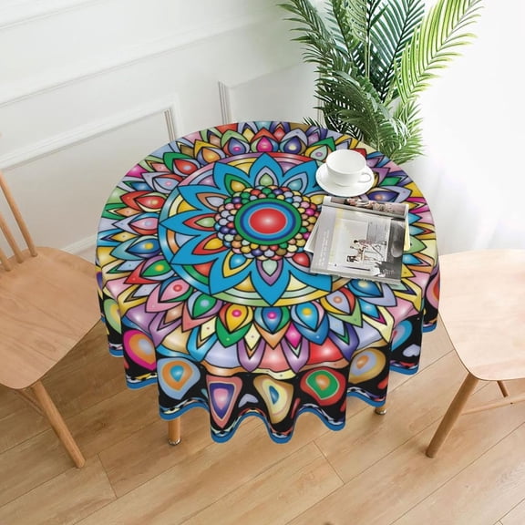 Mandala Round Tablecloth,Boho Ethnic Colorful Flower Tribal Ornament Washable Round Tablecloth 60 Inch Fabric Dining Table Decor for Kitchen Home Wedding Living Room