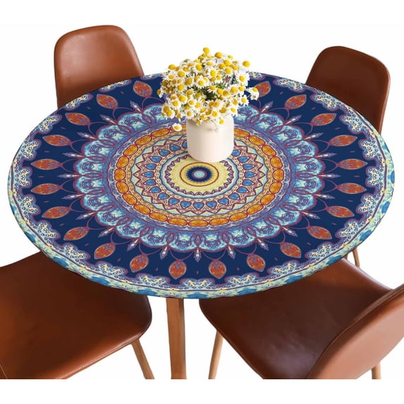 Mandala Round Tablecloth Colorful Watercolor Kaleidoscope Oriental Vintage Flower Elastic Fitted Table Cover Washable Tablecloths for Kitchen Dining Party 40-44 inch