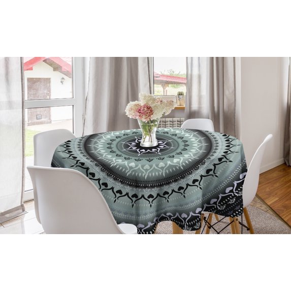 Mandala Round Tablecloth, Vintage Yantra with Lines Path of Soul Inner Peace Energy Cosmos Design, Circle Table Cloth Cover for Dining Room Kitchen Decoration, 60", Blue Black, by Ambesonne