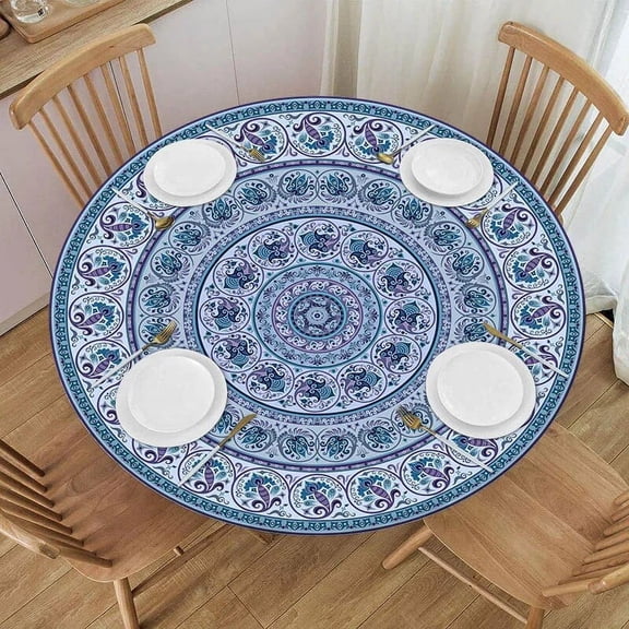 Mandala Round Tablecloth Waterproof Elastic Dining Table Decoration Accessories Boho Style Home Kitchen Dining Room Decoration
