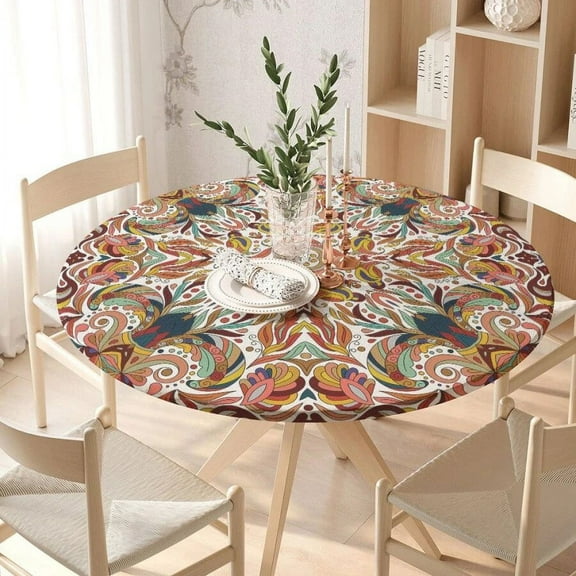Mandala Round Tableclothes for Dining Table Boho Pattern Fitted Table Protector Cover Elastic Edge Cute Desk Decoration скатерт
