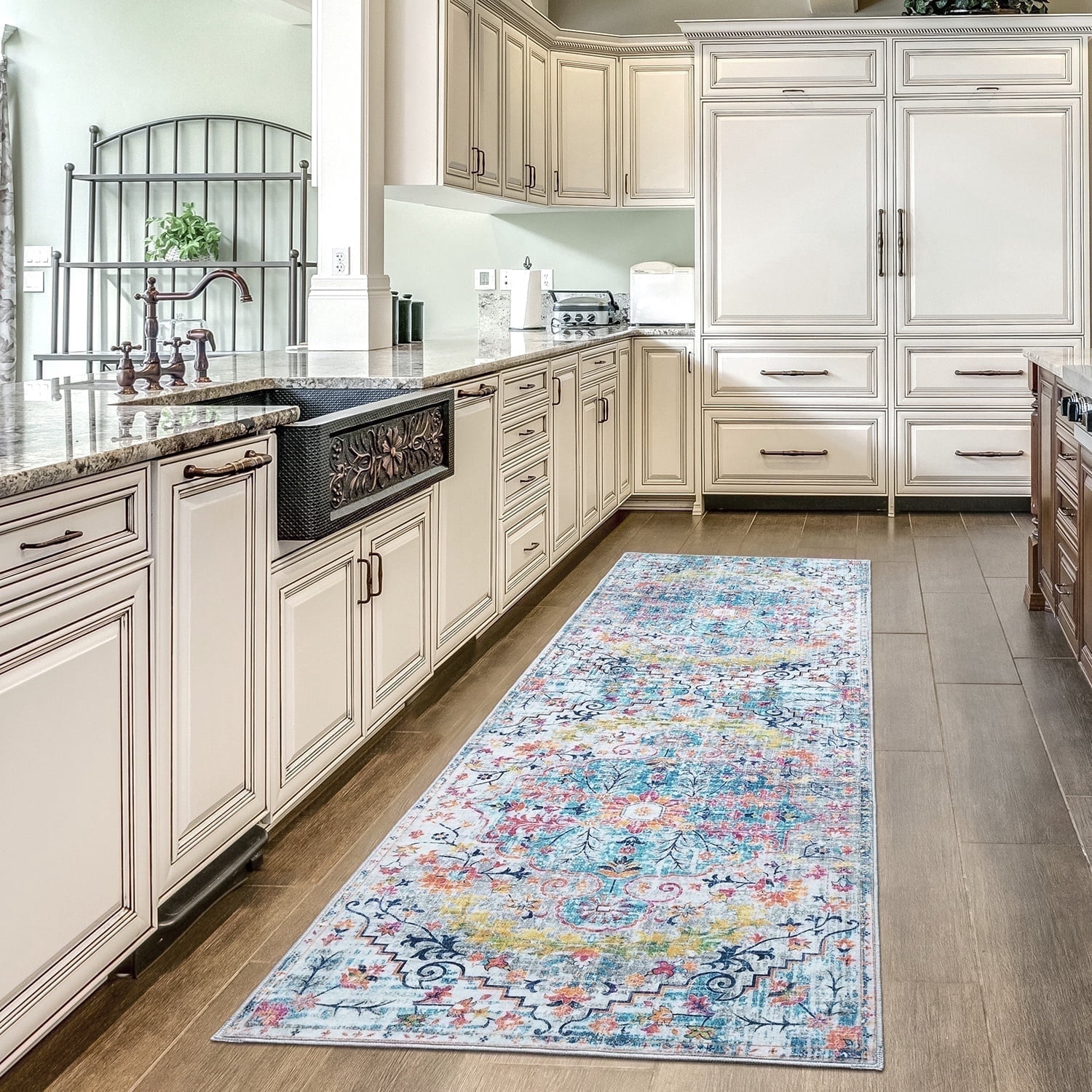 Mandala Rug Runners 2x6 for Bedrooms, Hallways, and Floor - Durable 2 x 6 ft Runner Rug Non Slip Washable Polyester Material Modern Home Rugs for Farmhouse, Living Room & Kitchen - Blue & Multi Color