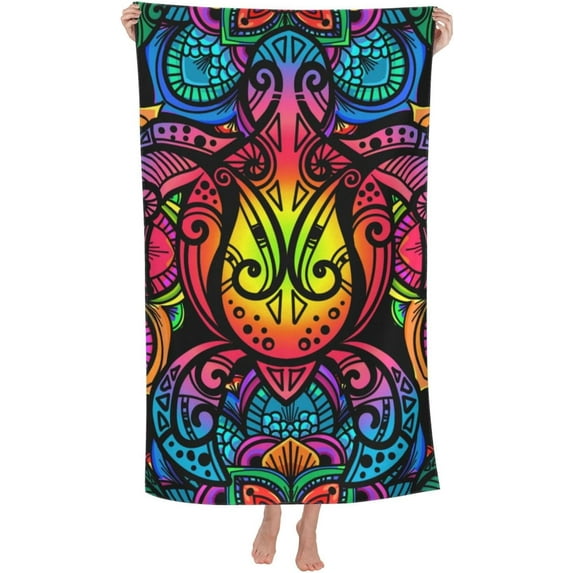 Mandala Sea Turtle Lotus Large Beach Towel - Plush Thick Cotton Pool Towel, Adult Beach Towels