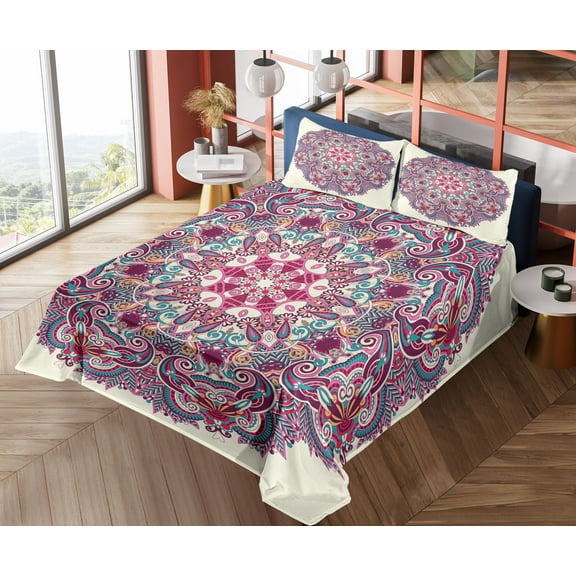 Ambesonne Mandala Fitted & Top Sheet Set with Shams, Detailed Boho Floral Herb, Multicolor