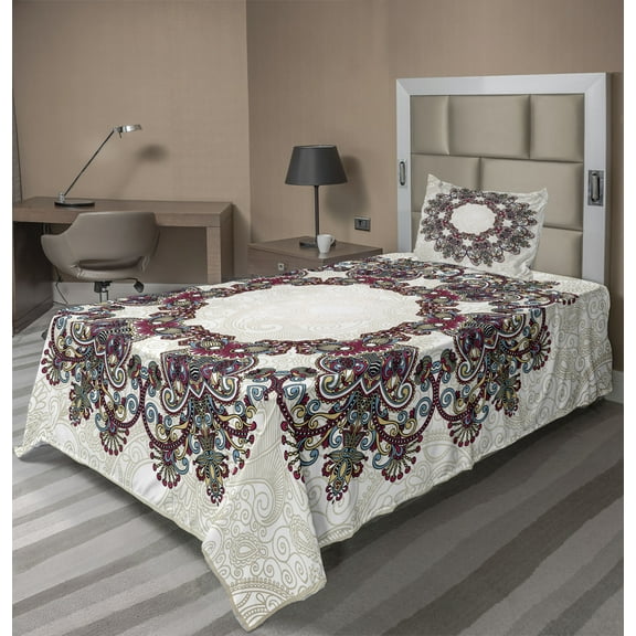Ambesonne Tribal Fitted & Top Sheet Set with Sham, Aztec Mandala, Multicolor