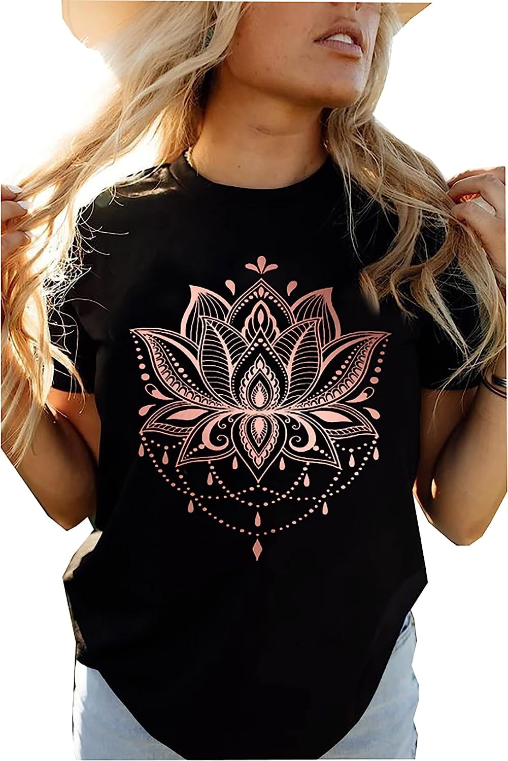Mandala Shirt for Women Lotus Flower Graphic Tees Short Sleeve Casual