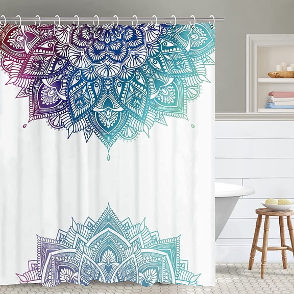 Mandala Shower Curtain Boho Shower Curtains for Bathroom Bohemian Shower Curtain with 12 Hooks Purple Blue Paisley India Boho Bathroom Decor, 72" W X 78" H