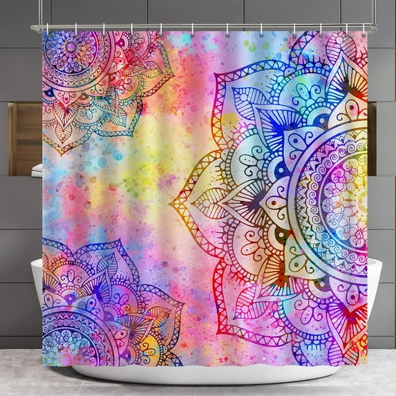 Mandala Shower Curtain, Colorful Floral Shower Curtain, Flowers Bohemian Boho for Home Bathroom Shower Curtain Decor, Polyester Fabric Washable Modern Shower Curtain with 12 Hooks, 72" x 72"
