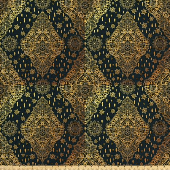 Ambesonne Mandala Fabric by the Yard Upholstery, Boho Paisley Folklore, 5 Yards, Charcoal Grey Mustard